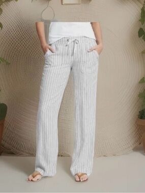 Athleta Herringbone white Striped Drawstring linen Pants